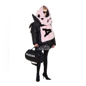 Balenciaga Oversized Faux Fur Logo Pink Scarf NEW
